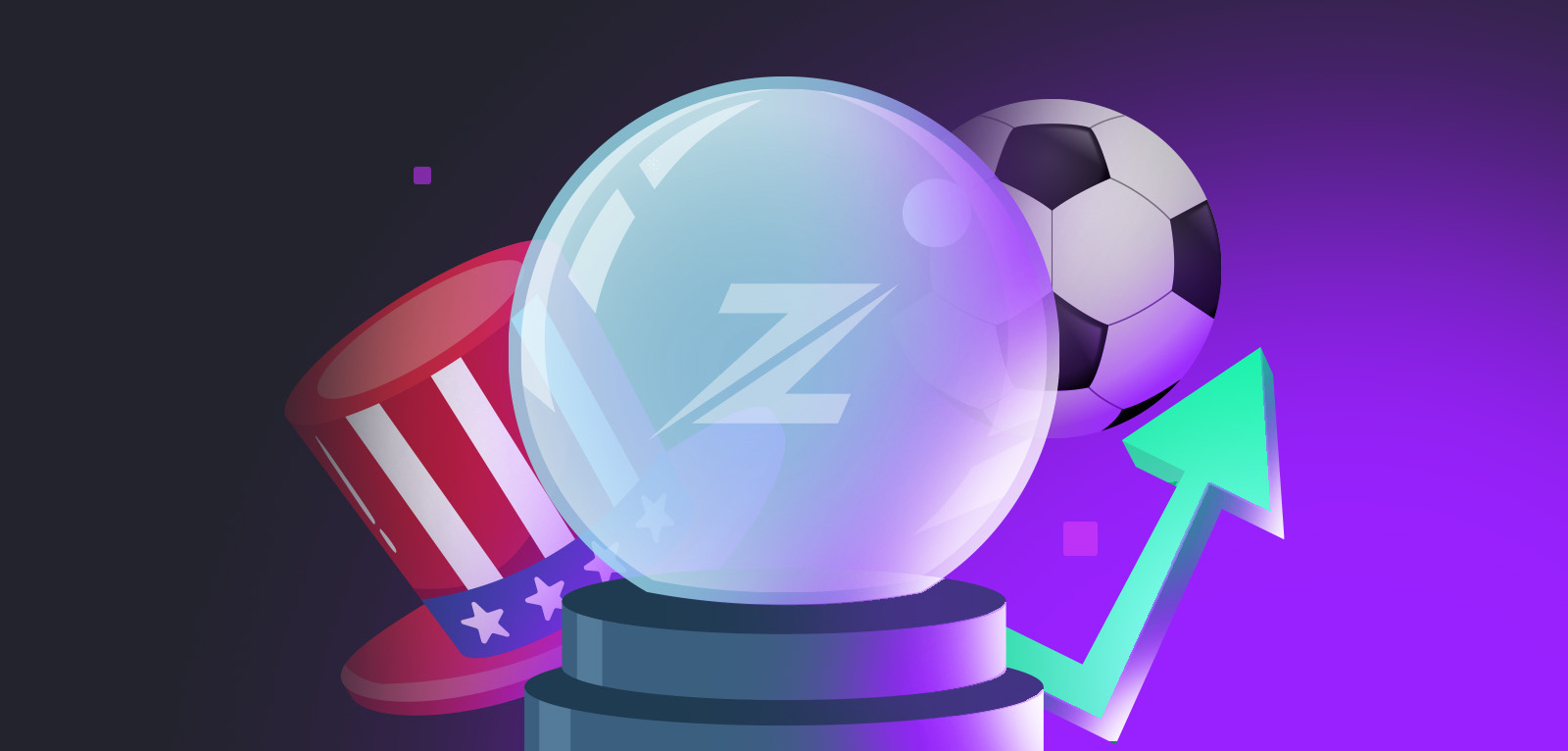 A stylized graphic for crypto prediction markets. A glowing, translucent crystal ball sits centrally on a dark, textured surface. Inside the crystal ball, glowing digital line charts and upward-trending stock market graphs are visible, symbolizing future forecasting and event betting.